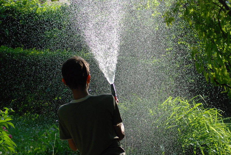 leisure activity, standing, summer, casual clothing, boy, day, spraying, males, water, lifestyles, child, growth, 2K, flowing water, garden hose, waist up