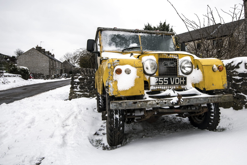 sky, built structure, building exterior, motor vehicle, building, house, cold temperature, defender, land vehicle, 4K, outdoors, no people, winter, yellow