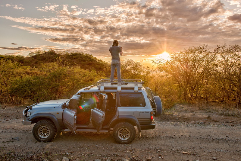 roof rack, transportation, landscape, land, hdr, no people, sunset, clouds, pink sky, tanzania, land crusier, tree, sunlight, lens flare, mode of transportation