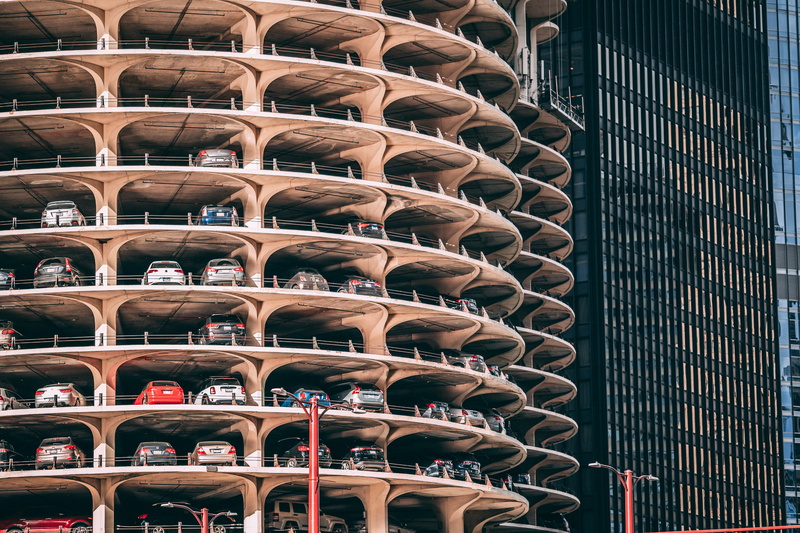 urban, vehicle, large group of objects, car, balcony, no people, side by side, built structure, backgrounds, abundance, parking, construction, planetarium