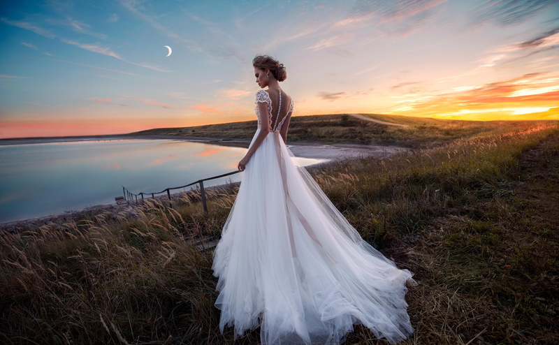 Beauty, Gorgeous, Versal, sky, bride, Landscape, full length, Outdoor, beauty in nature, Woman, Dress, lifestyles, young women, Field, young adult, sunset