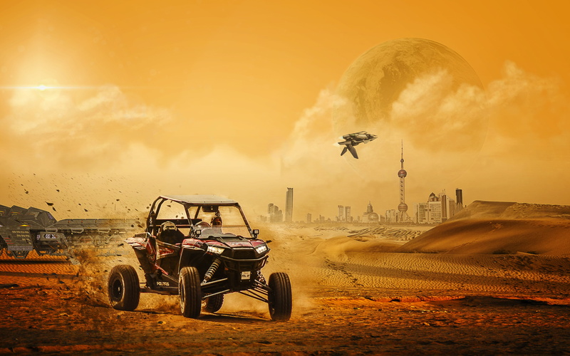 5K, desert planet, land, dust, photomontage, land vehicle, driving, compositing, architecture, cloud - sky, motion, science fiction, moon, adventure, tracking