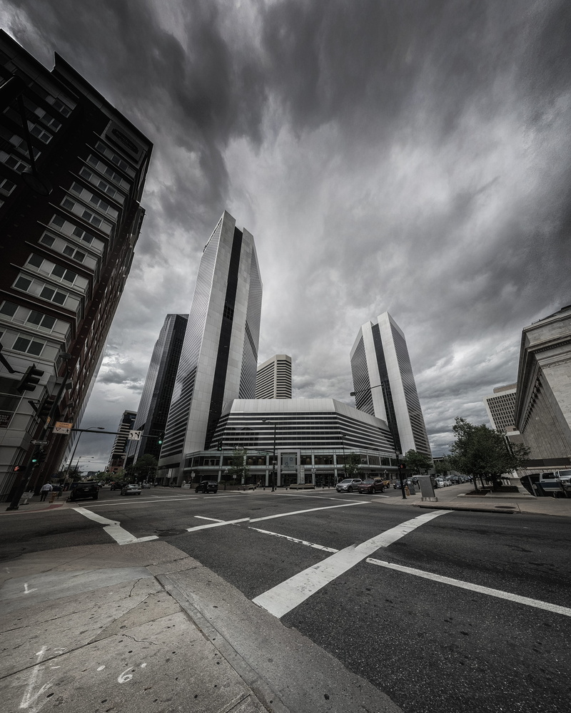 office building exterior, modern, gloomy, angle, road, cloud - sky, stormy, day, architecture, photography, cityscape, sign, denver, brutalism, marking