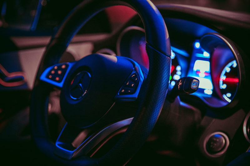 close-up, technology, 5K, light, benz, vehicle interior, motor vehicle, transportation, control, color, no people, night, blue, control panel, steering wheel