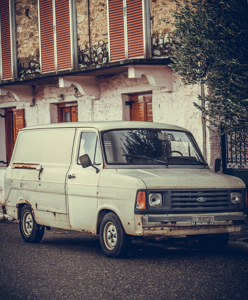 truck, car, white, motor vehicle, curtain, architecture, van, 4K, residential district, spoke, stationary, vehicle, parking, road, street, transportation