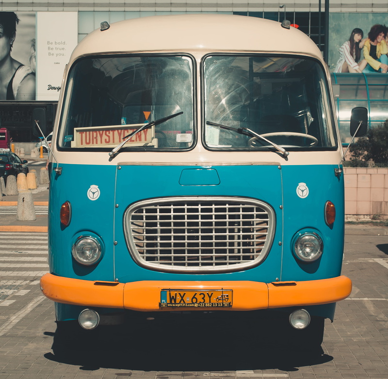 auto, public transportation, person, road, vintage car, poland, parked, retro styled, windshield, parking, bus, land vehicle, sunlight, blue, day, classic