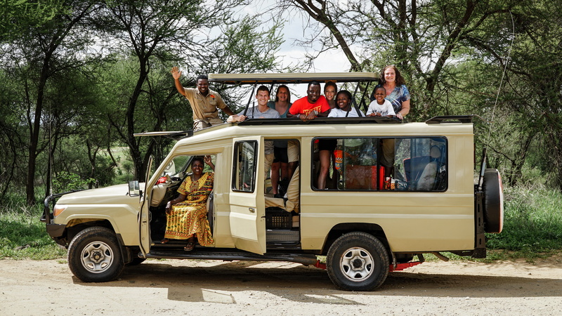 caravan, car, group of people, leafed, land vehicle, jeep, automobile, vehicle, amphibious vehicle, minibus, outdoors, beige, van, tree, riding, motor vehicle