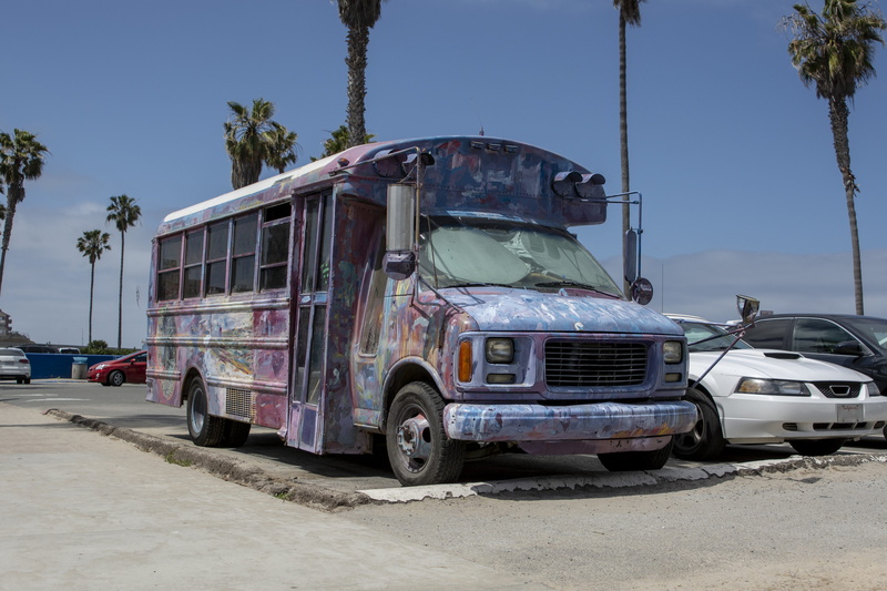 no people, psychedelic, day, road, car, ocean beach, vehicle, 5K, bus, wheel, semi-truck, california, stationary, motor vehicle, minibus, truck, transportation