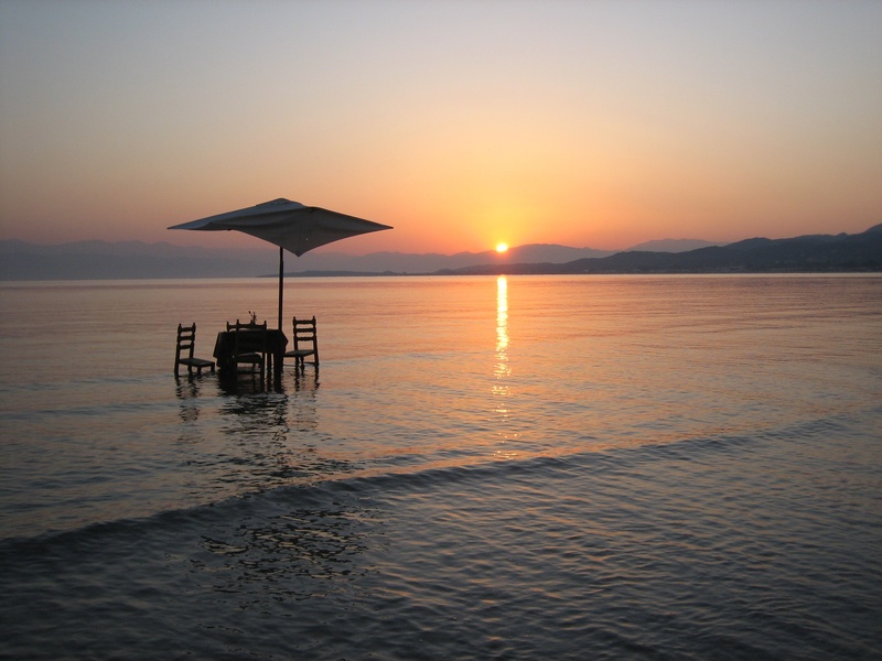 roda, idyllic, sea, sun, greek, orange color, breakfast, funny, sunrise, greece, 2K, horizon over water, bay, non-urban scene, scenics - nature, nature