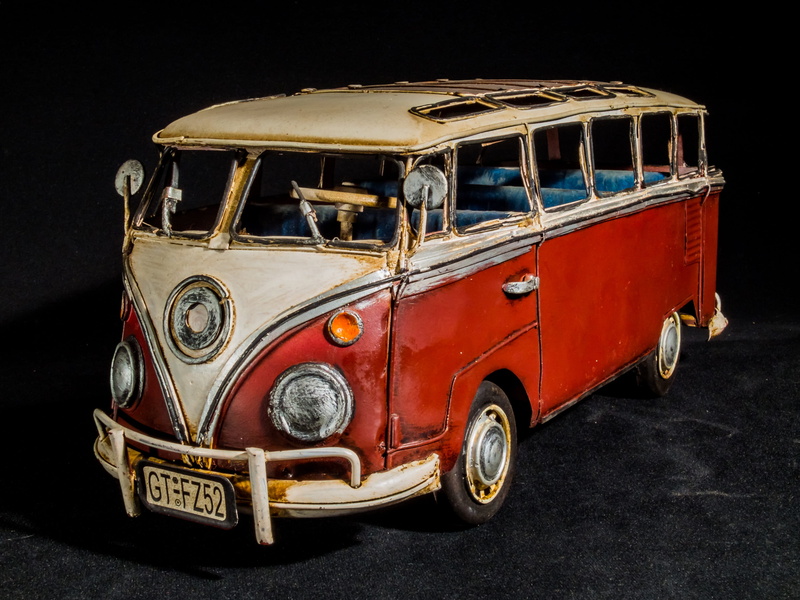 stationary, transportation, sheet metal car, 4K, city, Model Car, vintage Car, day, front view, red, classic, t, rusty, antique, samba bus, black background