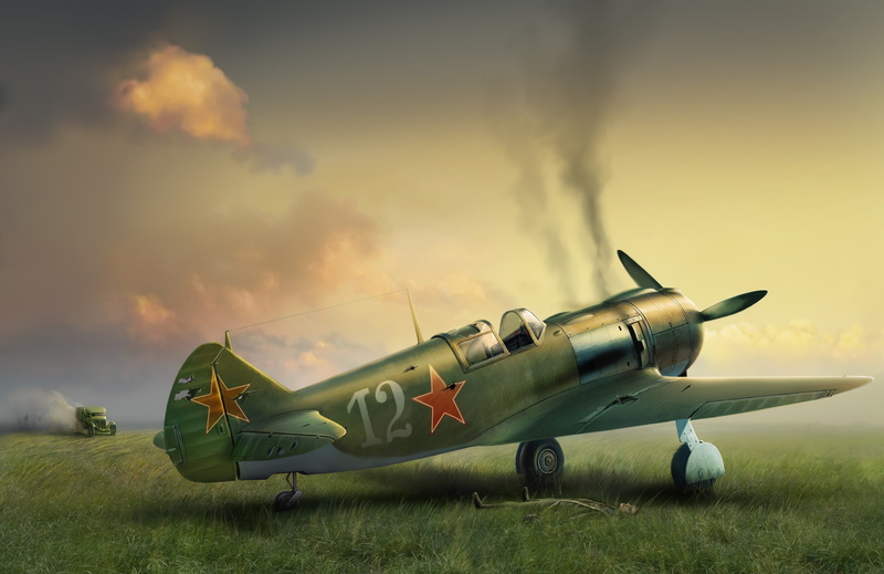 field, fighter, 2K, La-5, Soviet, damage, ambulance, single-engine, art, the airfield, war, Rinok, the plane, after the fight, return