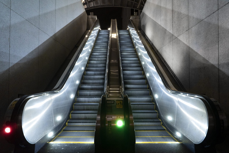 lights, stairs, united states, dark, pattern, connection, built structure, metal, 4K, van ness, escalator, concrete, transportation, metro, technology