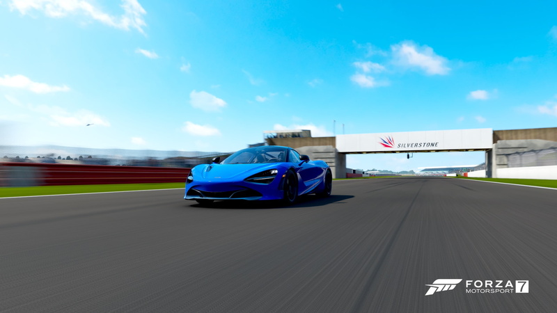 Forza Motorsport 7, 1080P, symbol, day, front angle view, on the move, car, airport, land vehicle, nature, western script, McLaren, communication, road