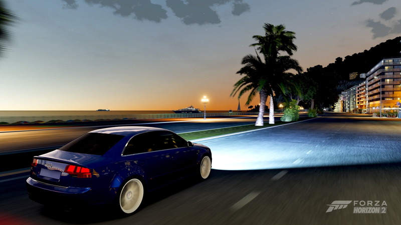 blue, motion, blurred motion, car, night, land vehicle, Audi, Forza Horizon 2, sunset, nature, tree, architecture, motor vehicle, city, road, outdoors