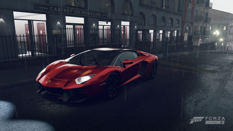outdoors, Lamborghini Aventador, rain, building, city, video games, day, taxi, Forza Horizon 2, travel, city street, built structure, no people, mode of transportation