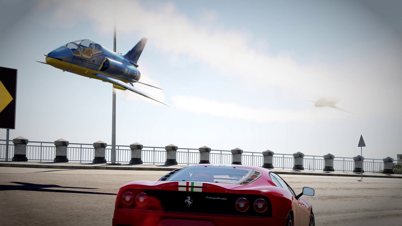 airplane, transportation, safety, jet fighter, video games, Forza Horizon 2, car, red, on the move, 1080P, cloud - sky, motor vehicle, motion, vehicle