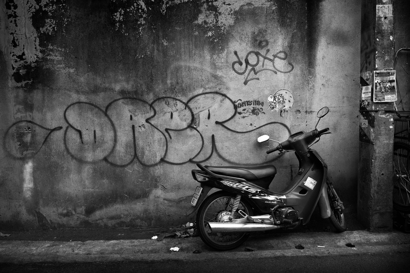 street, mai, creativity, urban, motor scooter, black, chiang, land vehicle, no people, alley, old, underboned, outdoors, graffiti, day, art and craft, wall - building feature