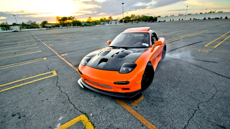 drift, tuning, orange, car, Mazda RX-7, 1080P