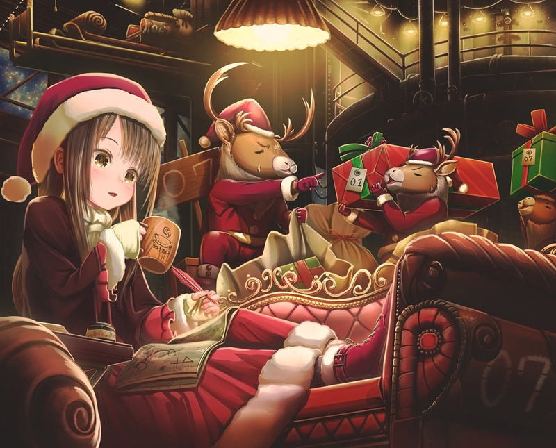 anime, amusement park, illuminated, two, toy, Santa hats, clothing, representation, doll, celebration, presents, creativity, seats, art and craft, male likeness