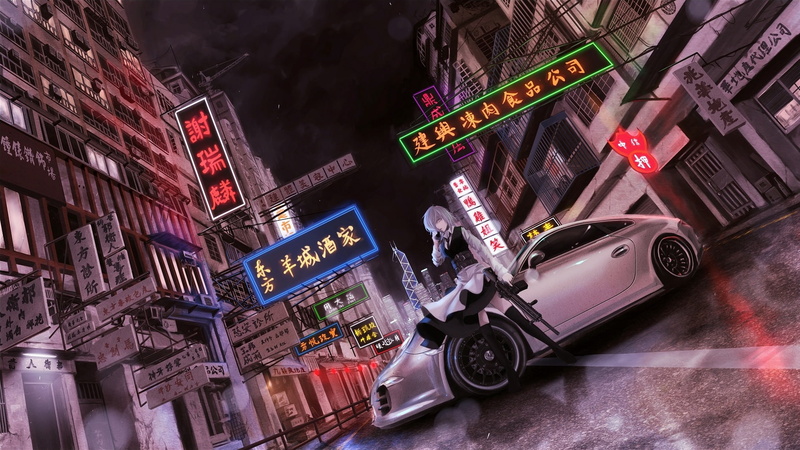 rifle, assault, roads, guns, night, touhou, 720P, art, cars, tuning, weapons, sign, cities, girl