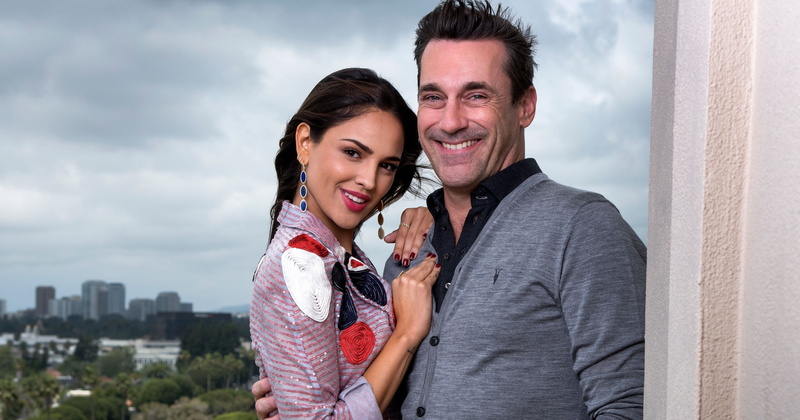 eiza gonzalez, beauty, brunette, pair, 2K, Jon Hamm, smile, the Asa Gonzalez, john hamm, baby driver, baby on the drive