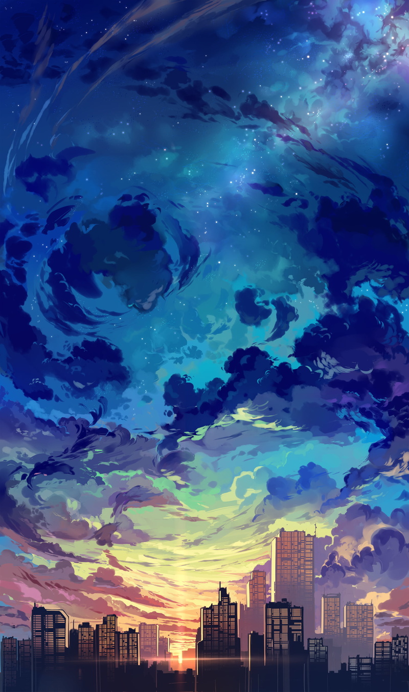 artwork, sky, skyscraper, painting, Twilight, cityscape, 2K, city, clouds, sunset, portrait display, stars