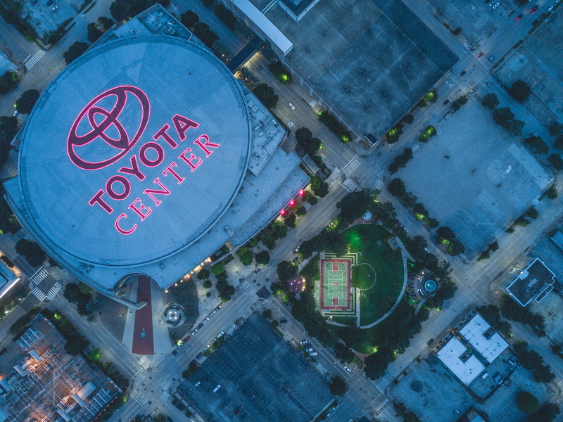 communication, toyota center, high angle view, center, sportsfield, mode of transportation, street, aerial, sport centre, houston, 4K, motor vehicle, sign