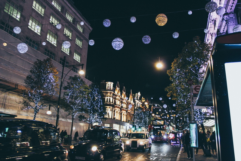 built structure, city, christmas decoration, land vehicle, london, architecture, united kingdom, street, uk, mode of transportation, illuminated, christmas lights