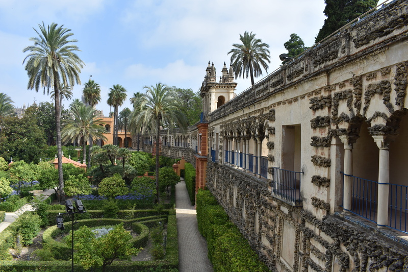 seville, plant, the past, europe, travel destinations, cloud - sky, garden, wall, growth, sevilla, palm tree, architecture, spain, nature, real alcázar de sevilla