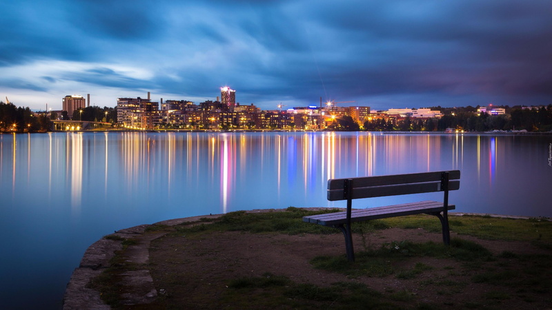 evening, skyline, europe, city, sky, nature, building exterior, horizon, architecture, no people, water, skyscraper, night, dusk, bench, reflection, illuminated