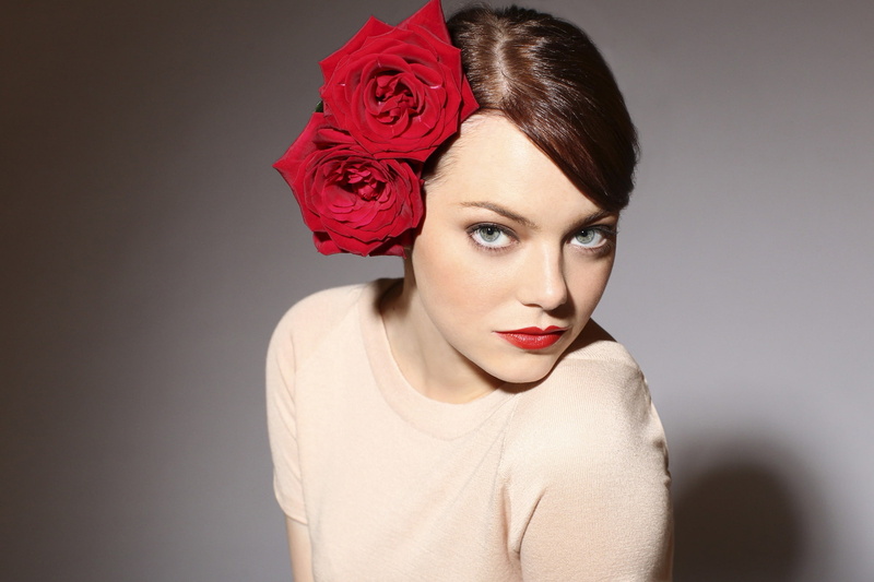 Emma Stone, photographer, hairstyle, roses, photoshoot, red, brown hair, Mary Ellen Matthews, 1080P, actress, makeup, background, for the program, beauty