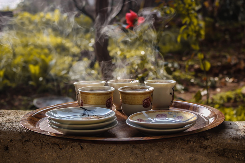 close-up, teacups, serving, nature, blur, plate, focus, hot, saucers, water, wood, tableware, crockery, food and drink, outdoors, kitchen utensil, wooden