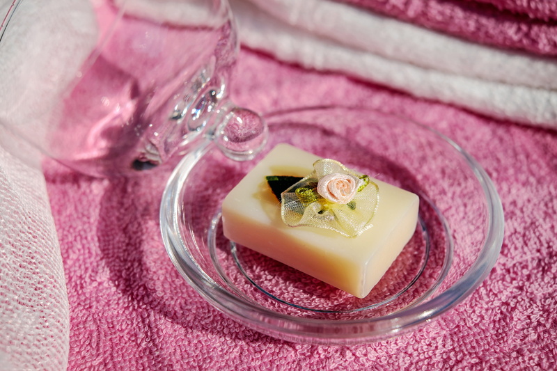 freshness, wellness, food, wellbeing, no people, 4K, white, sheeps milk soap, scented soap, bar, glass bell, pink color, plate, close-up, flowering plant