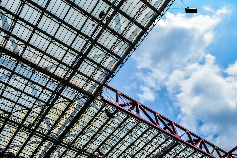 built structure, metal, blue, outdoors, low angle view, pattern, futuristic, design, roof, day, glass - material, cloud - sky, construction, contemporary