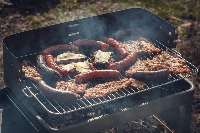 no people, cooking, high angle view, summer, temptation, black pudding, 4K, barbecue, food, pork chop, freshness, cheese, gourmet, charcoal, sunny day