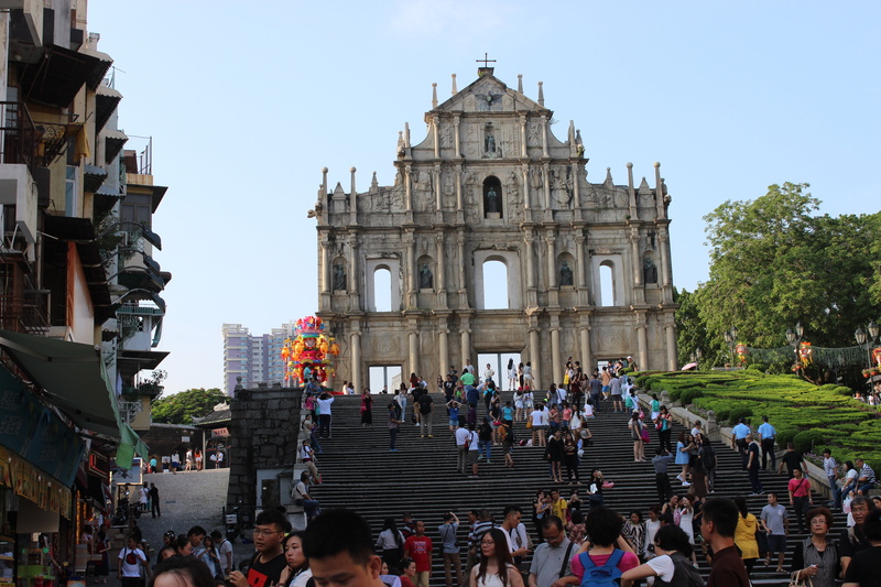 real people, building, place of worship, women, the crowd, building exterior, spirituality, belief, ruins of st paul, built structure, macau, sky, city