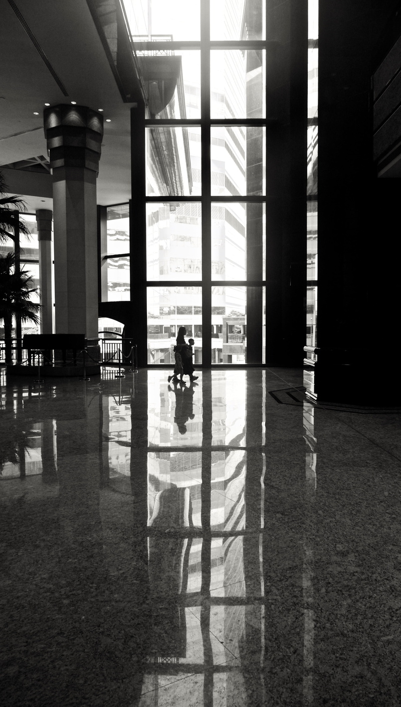 reflection, window, wan chai, waiting, built structure, flooring, men, b/w, 5K, indoors, modern, silhouette, day, architecture, sunlight, people, shadow
