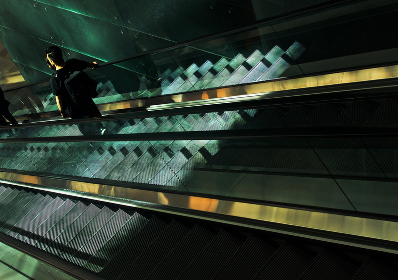 public transportation, 5K, people, interior, transportation, high angle view, real people, staircase, indoors, travel, steps and staircases, hong kong