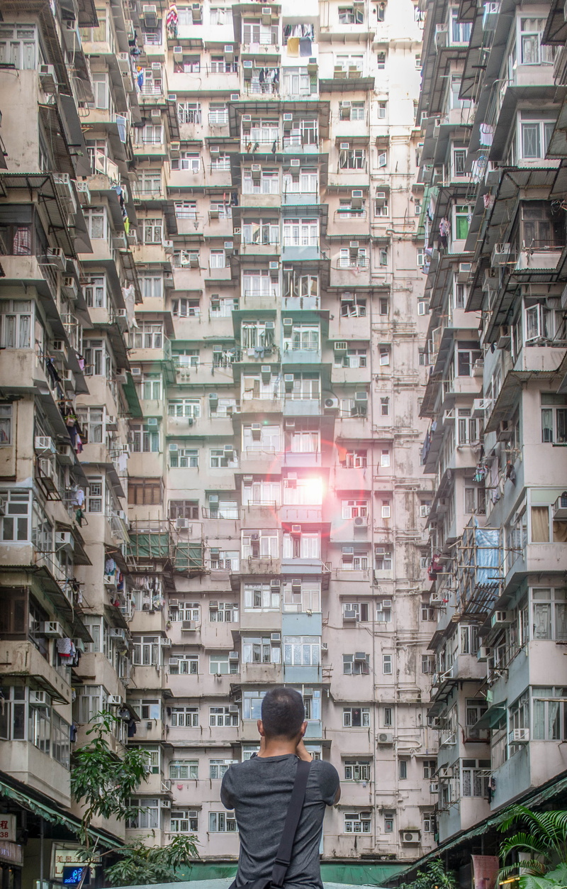 residential district, people, hong kong, casual clothing, one person, rear view, person, yick cheong building, men, urban, leisure activity, architecture