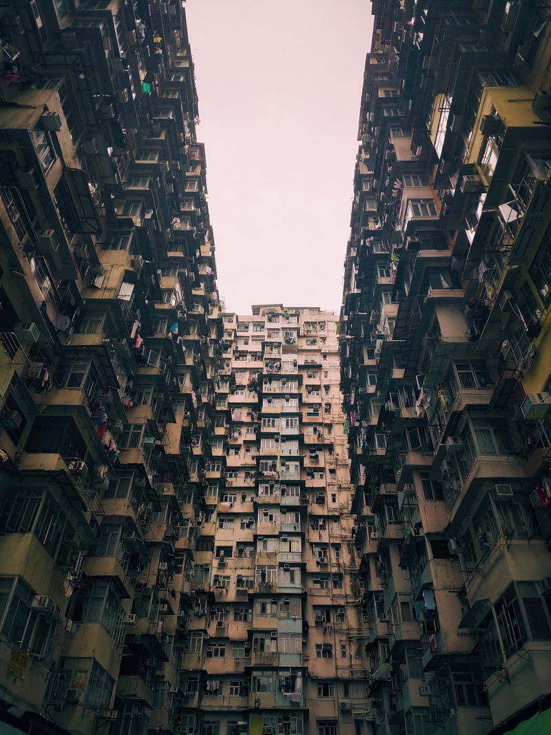 no people, multi, pattern, storey, low angle view, tall - high, hong kong, window, montane mansion, metropolis, high rise, road, built structure, repetition
