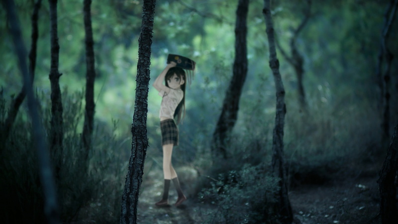 Kantoku, grass, anime girls, forest, schoolgirl, 2K
