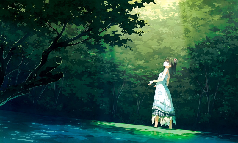 outdoors, young adult, real people, adult, full length, water, plant, Shizuku (Kantoku), forest, white dress, black hair, beautiful woman, lifestyles, trees