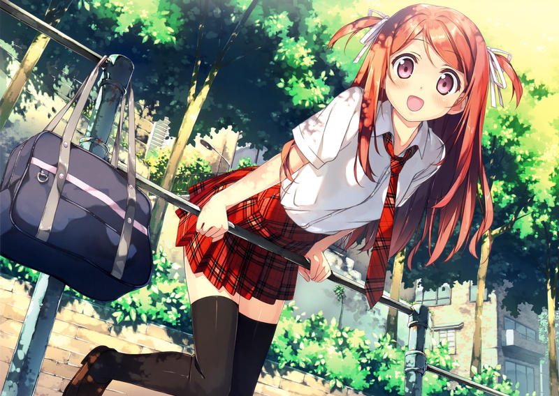 plant, school uniform, portrait, 4K, standing, young women, young adult, hairstyle, leisure activity, Kantoku, day, one person, thigh-highs, schoolgirl