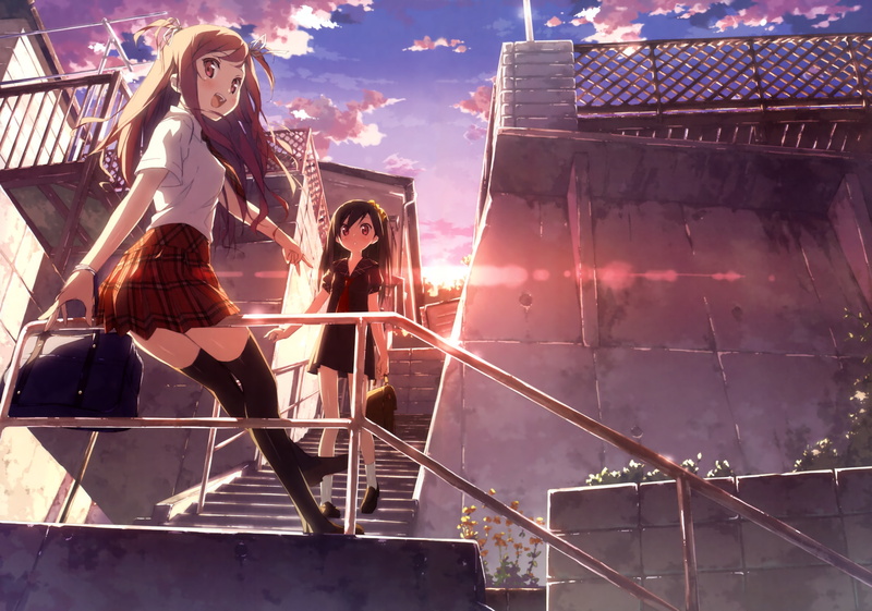 kantoku, built structure, anime, low angle view, two people, young women, afterschool, adult, schoolgirl, leisure activity, people, women, anime girls
