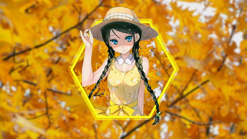 yellow dress, clothing, leaf, leaves, plant part, anime girls, Kantoku, yellow, celebration, autumn, shapes, focus on foreground, nature, change, plant