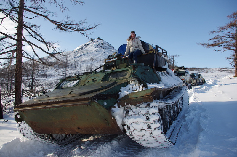 sky, nature, heavy machinery, environment, Rover, outdoors, the caterpillars, warm clothing, transportation, kamchatka, one person, cold temperature, mountain