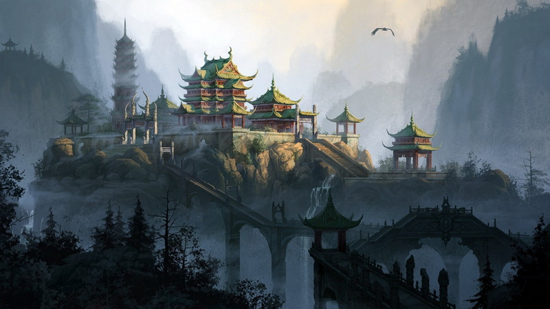 Asian architecture, fantasy art, landscape, 1080P