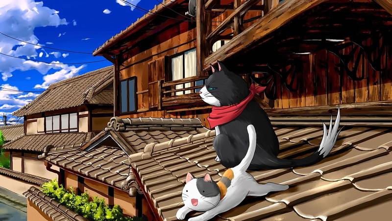 sky, clothing, house, real people, sunlight, nature, 1080P, building, anime, roof, building exterior, lifestyles, roof tile, architecture, cat, outdoors