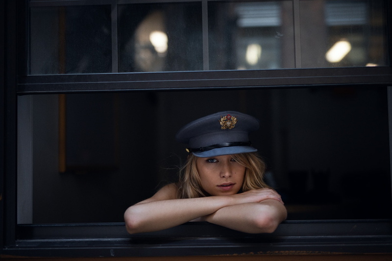 looking at viewer, looking out window, women, 1080P, model, blonde, Jocelyn Nickel, blue eyes, hat, arms crossed