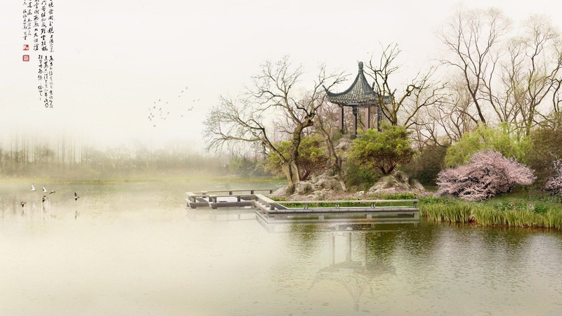 2K, Asian Architecture, lake, japanese art, duck, painting, Cherry Blossom